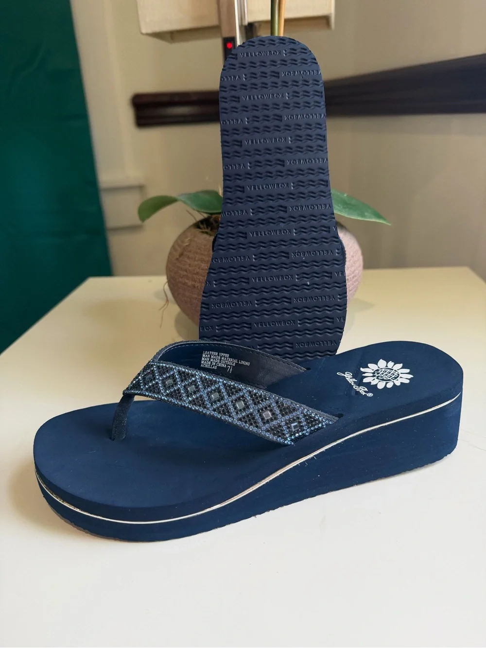 Yellow Box Achillas Navy Blue Rhinestone Wedge Platform Sandals Sz 7.5 - Picture 3 of 14